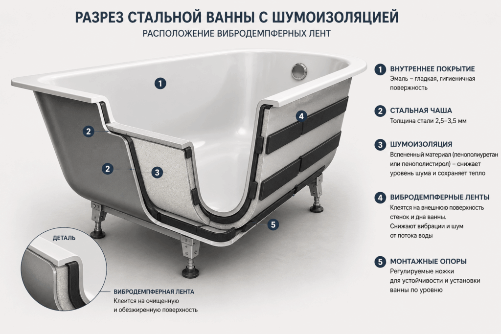 Стальная ванна с шумоизоляцией на ножках Стальная ванна с шумоизоляцией на ножках